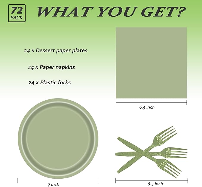 72 Pcs Sage Green Paper Plates 7in Disposable Dessert Plates Napkins and Forks Party Tableware Set Decoration Supplies for Birthday Baby Shower Wedding Holiday Graduation Bridal Shower Party, Serve 24