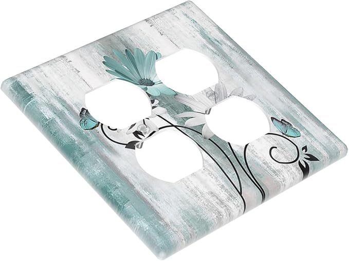 Teal Daisy Vintage Flower Butterfly Rustic Wood Print Outlet Covers 2 Gang Double Duplex Decorative Light Switch Covers Electrical Wallplates Socket Faceplate for Farmhouse Home Decor