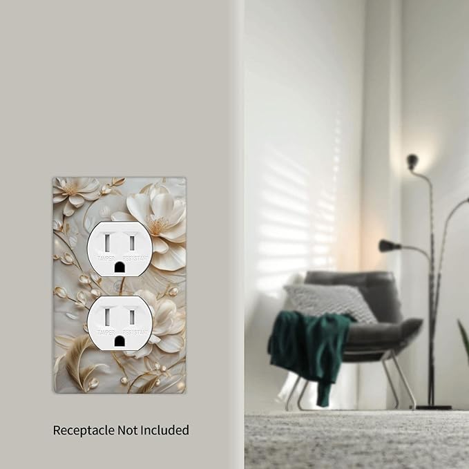 Decorative Art Light Switch Covers Elegant White and Gold Florals 1 Gang Single Duplex Outlet Wall Plate Switchplate Electrical Faceplate for Home Decor