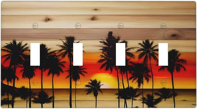 Sunset Beach Coconut Palm Tree Wooden Background Light Switch Covers Quad Toggle Electrical Faceplate 4 Gang Wall Plate Decorative Switch Plates for Bedroom Living Room Decor