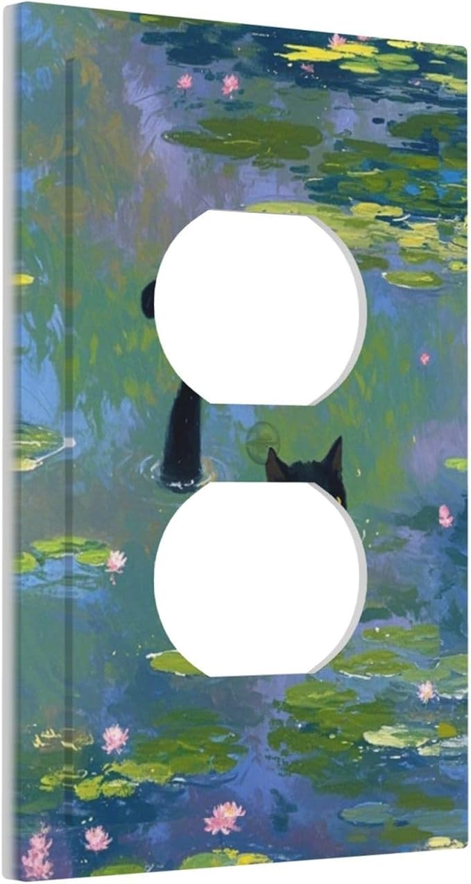 Decorative Outlet Covers Cute Black Cat Water Lily Pond Watercolor 1 Gang Duplex Light Switch Cover Plate Electrical Switch plates WallPlates Socket Covers for Kids Room Nursery Decor