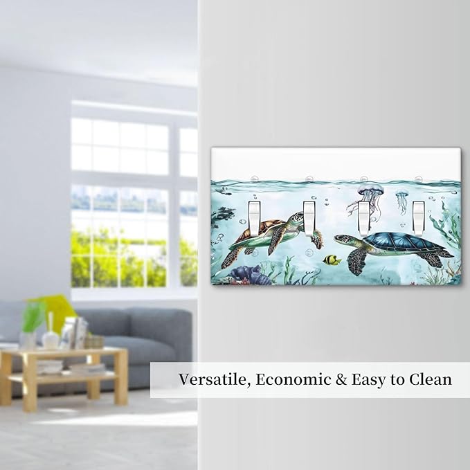 Sea Turtles Sea Coral Seaweed Ocean Jellyfish Light Switch Covers Quad Toggle Electrical Faceplate 4 Gang Wall Plate Decorative Switch Plates for Kids Room Bathroom Decor