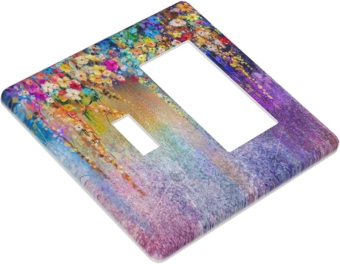 Colorful Floral Watercolor Flower 2 Gang Single Toggle Rocker Combination Light Switch Cover Purple Decorative Wall Plate Cover Electrical Faceplate for Farmhouse Bathroom Bedroom Kitchen Decorate