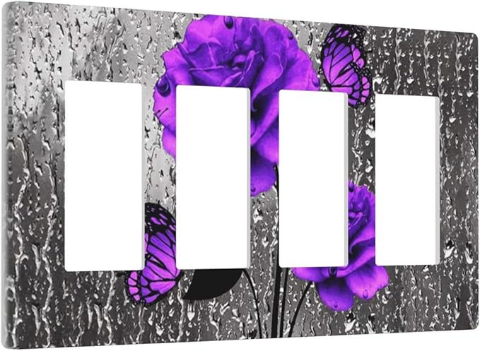 Romantic Purple Butterfly Rose Flower 4 Gang Quad Rocker Light Switch Cover Decorative Quadruple Device GFCI/Decorator Wall Plate Electric Faceplate Screwless