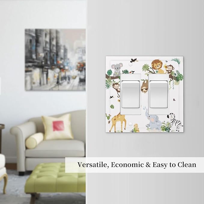 Jungle Animals Tree Branch Monkey Giraffe Lion Elephant Decorative Outlet Covers 2 Gang Double GFCI Rocker Electrical Wall Panels Light Switch Cover Plate for Kids Room Nursery Decor