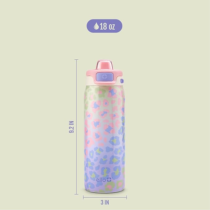 Ello Pop & Fill 18oz Stainless Steel Kids Water Bottle with Quick Fill Lid | Vacuum Insulated BPA Free Bottle with Leak Proof Straw and Chug Lid, Dishwasher Safe, Gift For Kids Teens, Cheetah