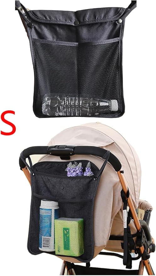 2pcs Baby Stroller Organizer with Two Compartments Front Mesh Pocket for Bottle Nappy Diaper Storage, Detachable Straps, Fits for Stroller like Uppababy, Baby Jogger, Britax, Bugaboo, BOB, Black