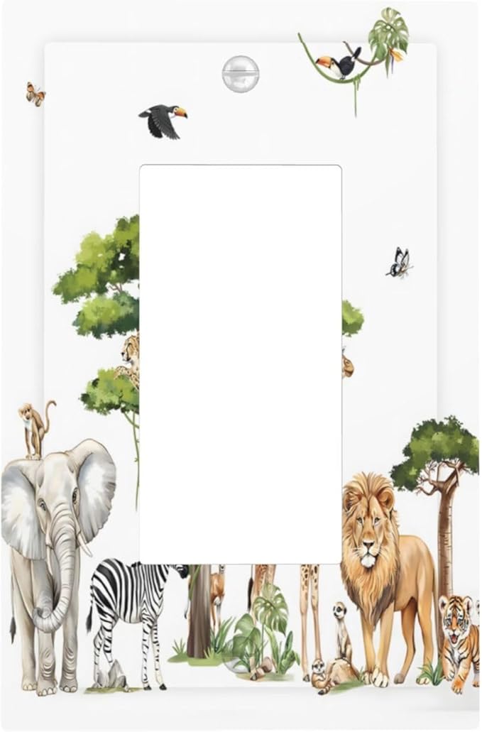 Large Animals Elephant Giraffe Jungle Lion Leopard Zebra Decorative Outlet Covers 1 Gang Single Rocker Light Switch Cover Plate Wall Plates GFCI Faceplate for Kids Room Nursery Decor