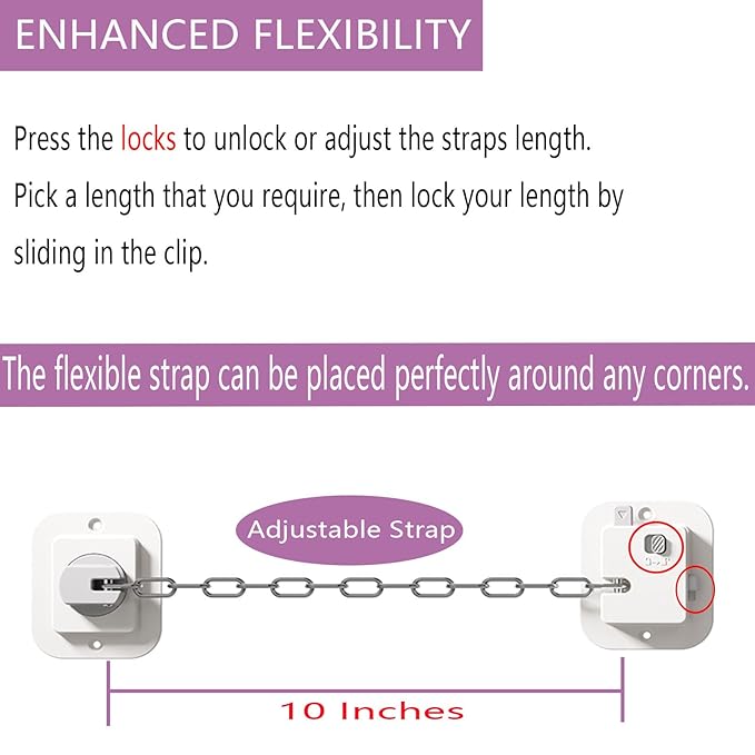 Child Proof Door Lock with Adjustable Strap, Cat Door Latch 3M Adhesive Safety Locks for Baby, Dementia & Pets, No Tools Needed 1 Pack