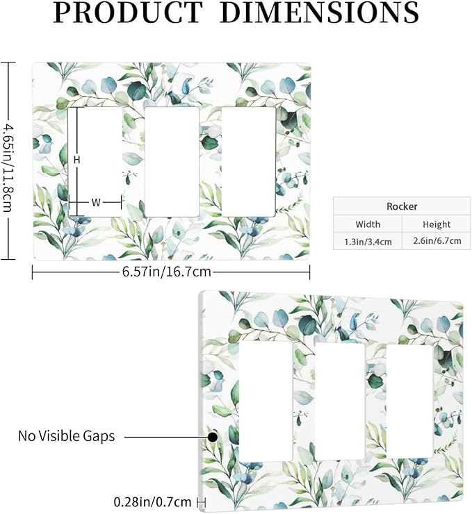 Decorative Eucalyptus Leaves Triple Decorator Light Switch Cover 3-Gang Screwless, Spring Summer Olive Green Sage Leaf Three Gang GFCI/Rocker Device Wallplate Electrical Faceplate Switchplate Dimmer