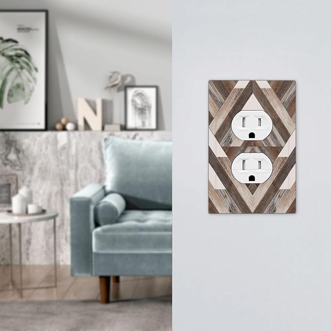 Polygon Collage Abstract Shapes Rustic Wood Panel Print Outlet Covers 1 Gang Duplex Light Switch Cover Decorative Switch Plates Electrical Receptacle Faceplate Wall Plate for Farmhouse Bedroom Decor
