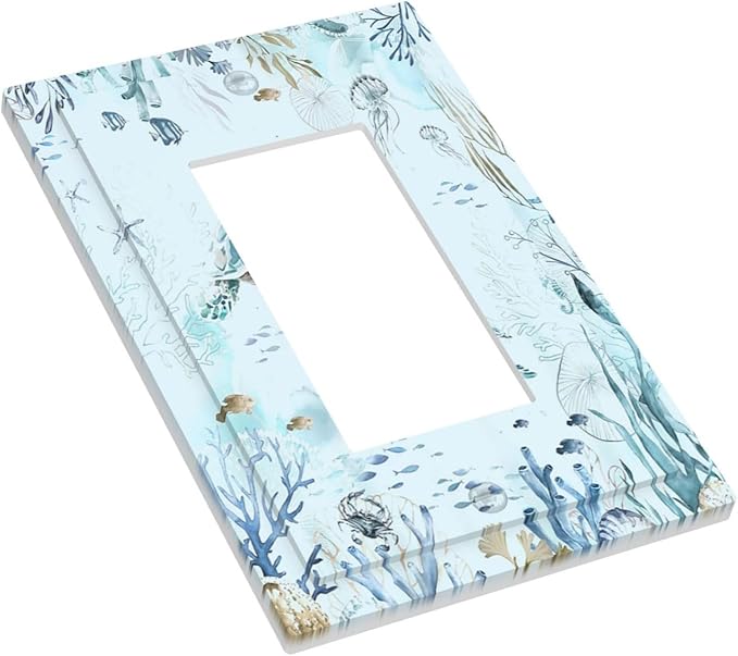 Decorative Outlet Covers Teal Blue Ocean Sea Turtle Seabed Plants 1 Gang Single Rocker Light Switch Cover Plate Wall Plates GFCI Faceplate for Bathroom Kids room Decor