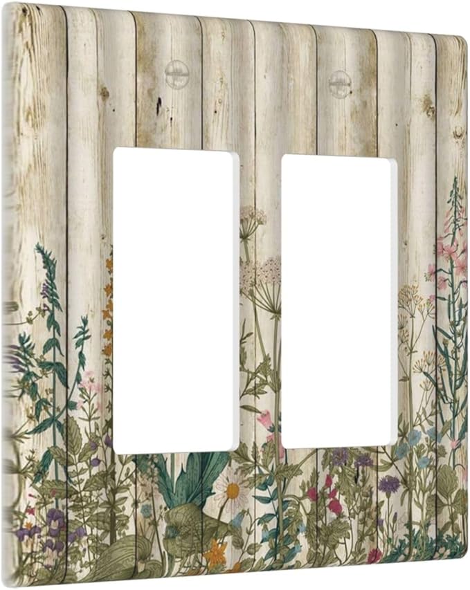 Vintage Wild Flowers Botanical Green Leaves Plants 2 Gang Rocker Decora Light Switch Covers Decorative Rustic Wood Plank Dual Outlet Covers Wall Plate Electrical Faceplate Switchplate GFCI
