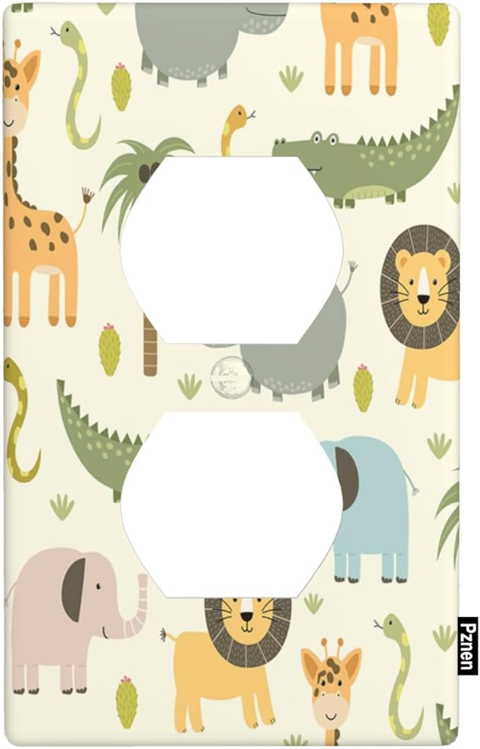 Cartoon Animal Outlet Covers Cute Hippo Crocodile Lion Elephant And Giraffe Funny Wildlife 1-Gang Wall Plate Duplex Standard Receptacle Plug Cover for Boys Girls Room