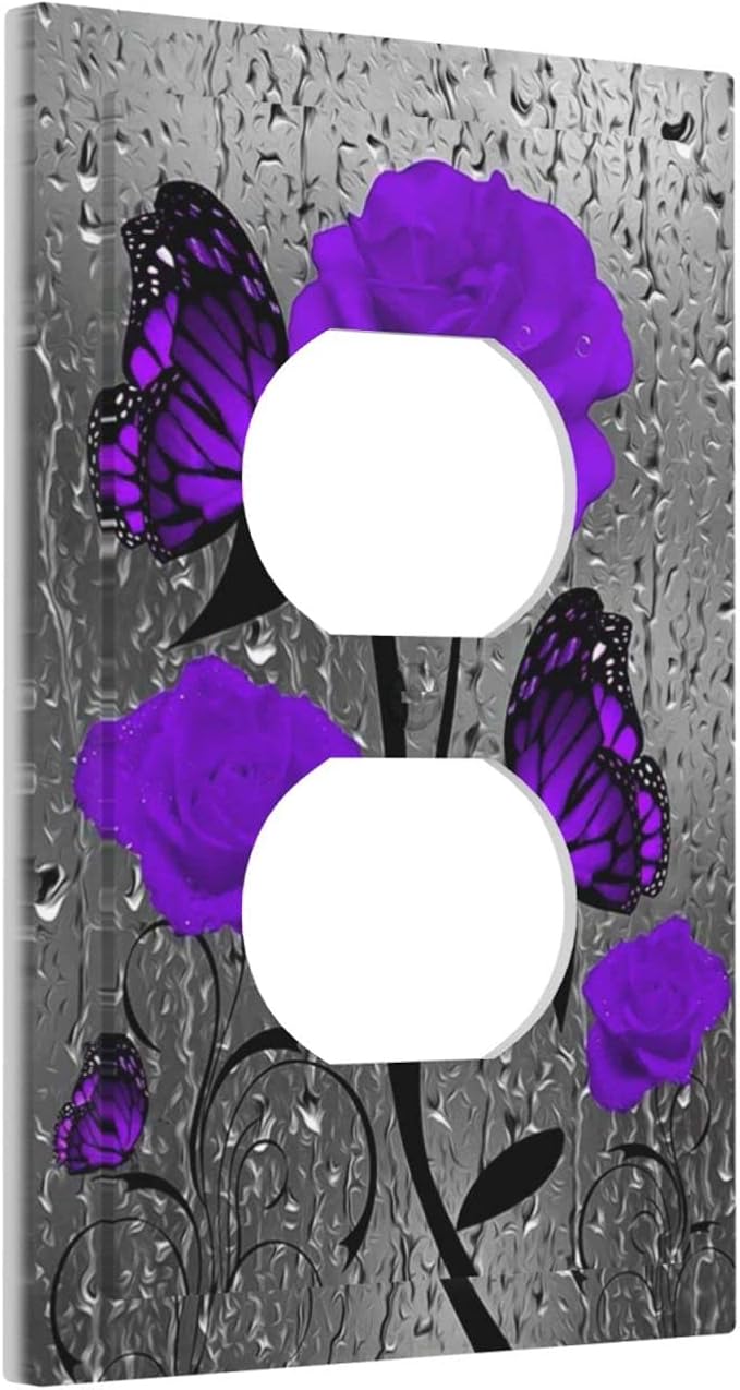 Purple Rose Butterfly Flower 1 Gang Electrical Outlet Cover Single Duplex Receptacle Jumbo Plug Wall Plate Lovers/Valentine's Day Sliver Grey Butterfly Purple Floral Room Decor Accessories Faceplate