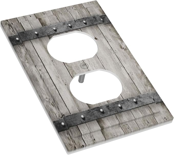Farmhouse Grey Wood Barn Door 1 Gang Outlet Plate Duplex Decorative Outlet Covers Vintage Farmhouse Outlet Covers Electrical Receptacle Lightswitch Faceplate Rustic Wood 5"" X 3"（Plastic ）