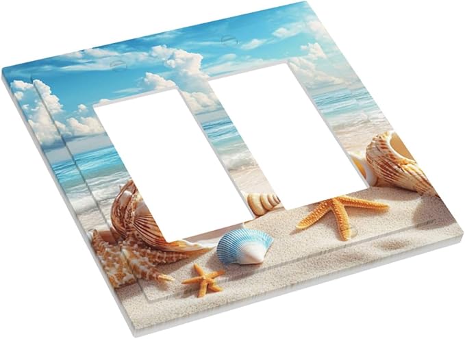 Beach Coastal Seashore Sea Starfish Shell Sand Decorative Outlet Covers 2 Gang Double GFCI Rocker Electrical Wall Panels Light Switch Cover Plate for Bathroom Home Decor