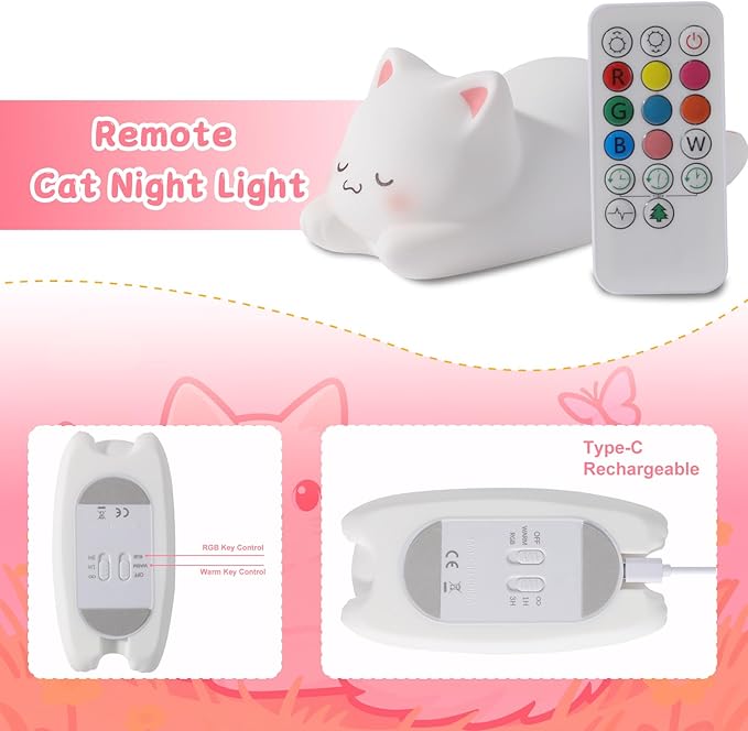 ZKLiLi Night Light for Kids Lamp, 16 Colors cat Lamp Cute, Dimmable Baby Night Lights for Nursery,Silicone Rechargeable Nightlight for Kids Room, Kawaii Room Decor (miyan-pamao-Remote)