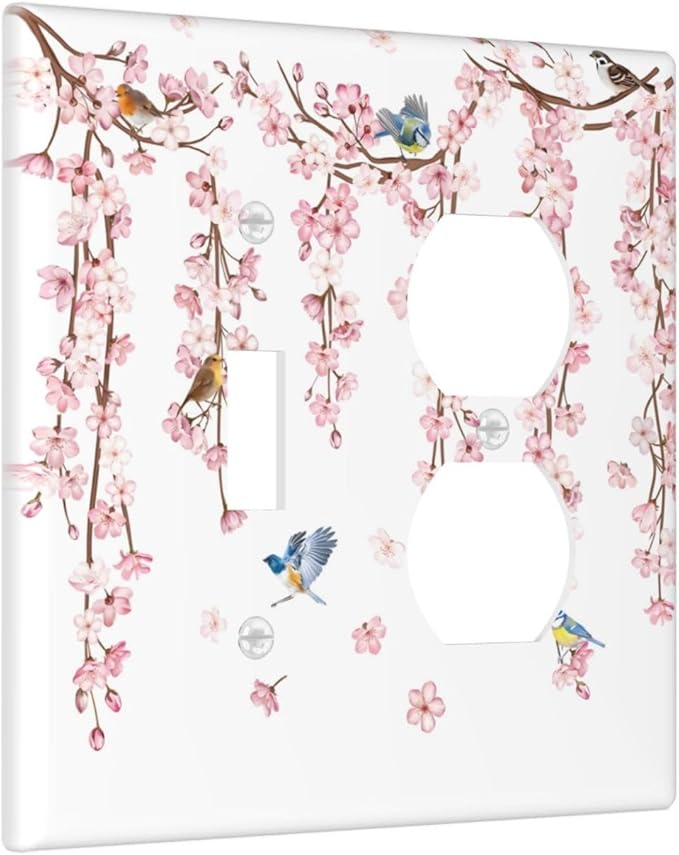 Pink Cherry Blossom Flower Vine Floral Tree Branch Birds Wallplates 1 Toggle 1 Duplex Switch Plate Electrical GFCI Faceplate Decorative Light Switch Covers for Bedroom Living Room Decor
