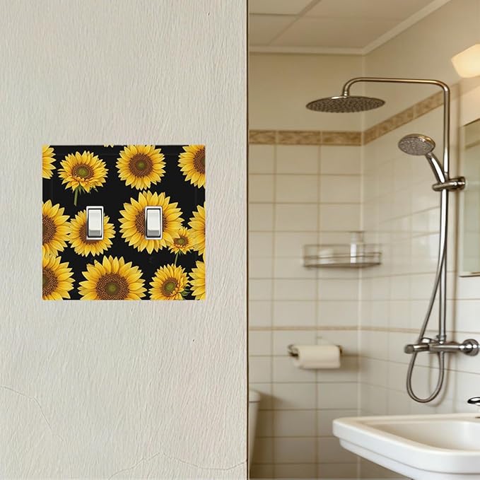 Sunflower Fields Double Toggle Switch Cover - 2-Gang Standard US Size Vibrant Sunflower on Black Light Switch Covers, Boho Sunny Garden for Bedroom Decor