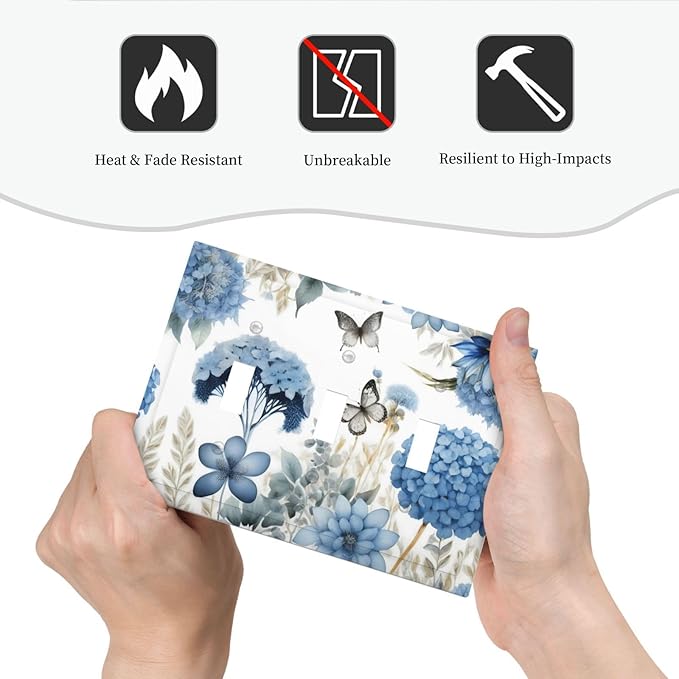 Blue Floral Hydrangea Floral Butterfly Flower Plant Decorative Switch Plates 3 Gang Wall Plate Triple Toggle Light Switch Cover Faceplate Electrical Wall Panels for Bedroom Living Room Decor