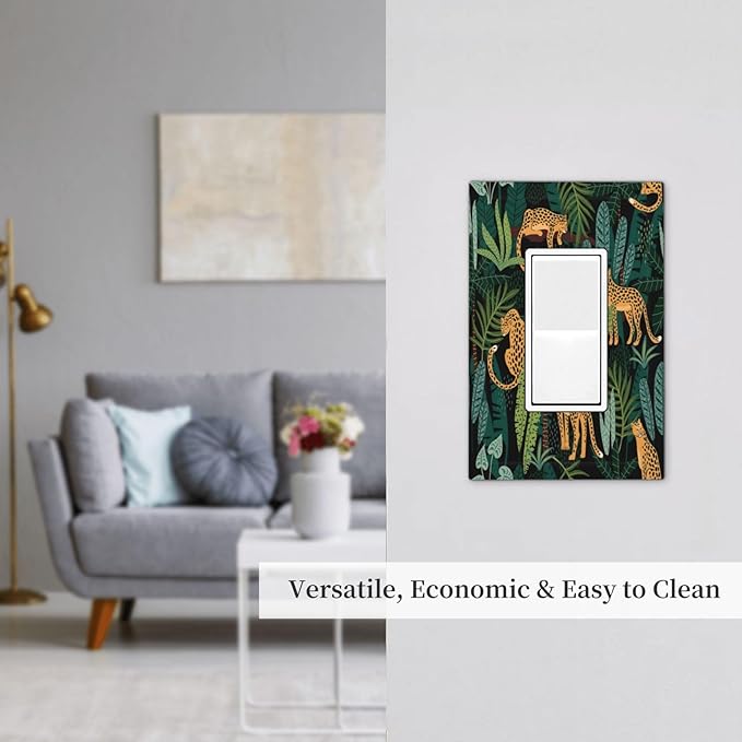 Jungle Cheetah Tropical Wildlife Leopard Green Palm Leaf Decorative Outlet Covers 1 Gang Single Rocker Light Switch Cover Plate Wall Plates GFCI Faceplate for Farmhouse Home Decor