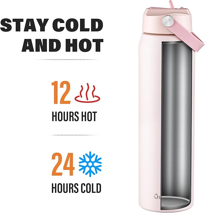 Oldley 32oz Insulated Water Bottle with Straw, Stainless Steel Water Bottle for Sports, Travel, School, BPA-Free Sports Bottles for Adult Kids, Leak-Proof, Pink