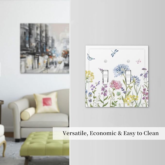 Colorful Wildflowers Dragonfly Lavender Butterfly Insect Decorative Switch Plates 2 Gang Double Toggle Outlet Light Switch Cover Wall Plate Electrical Faceplate for Bedroom Living Room Decor