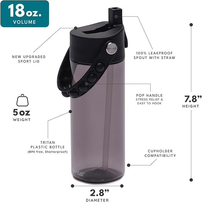 Elemental Water Bottles for Kids - Splash Kids Water Bottle for School with Pop-it Handle - BPA Free Tritan Plastic Water Bottle with Straw Leak Proof when Spout is Closed - Black - 18oz