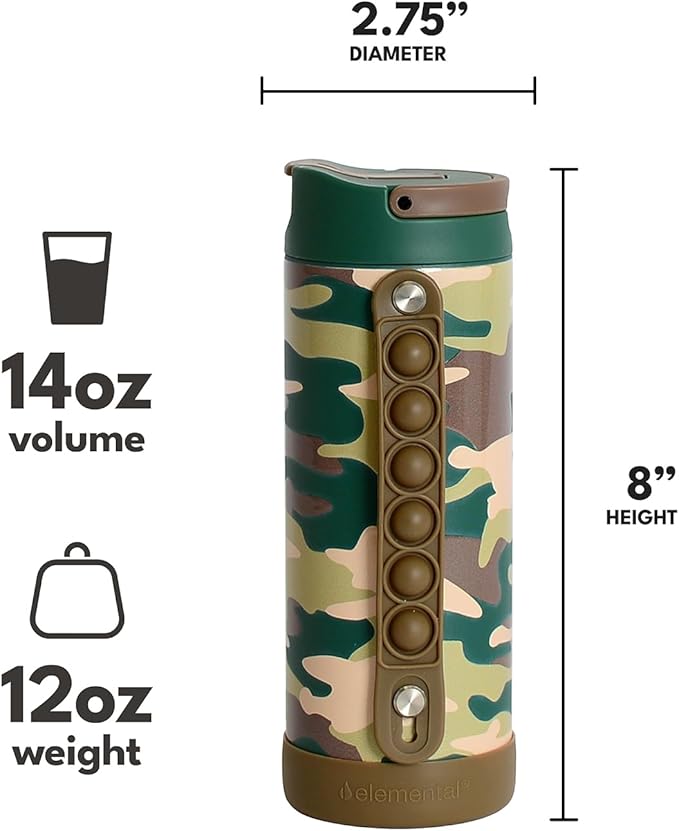 Elemental Iconic Kids Water Bottle for School - 100% Leak-Proof Insulated Water Bottles with Straw Lid & Pop-It Handle for Boys & Girls - Triple-Wall Insulated & BPA-Free, 14oz – Green Camo