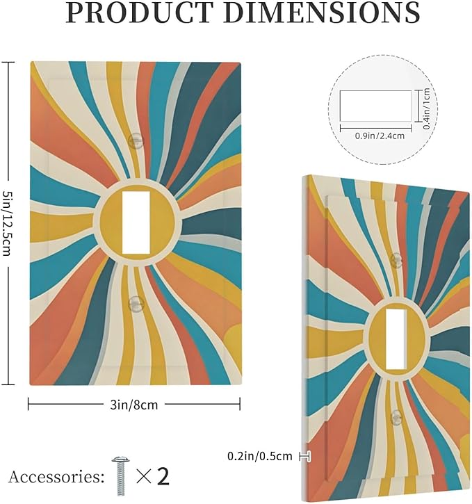 Decorative Switch Cover Plate with Retro Mid-Century Modern Sunburst Motif Design Single Gang Toggle Switch Plate Light Switch Covers Artistic Faceplate for Abstract Teal/Yellow/Orange Wall