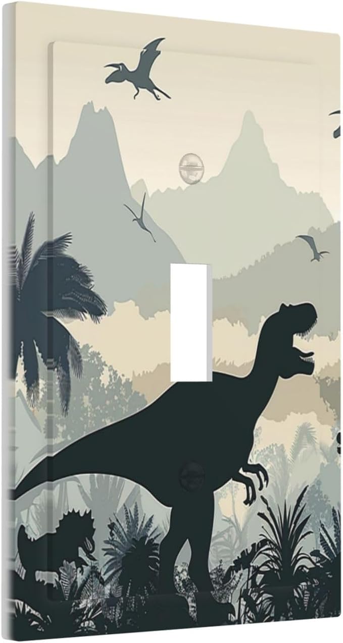 Decorative Light Switch Cover Prehistoric World Dinosaur Cartoon Fores 1 Gang Single Toggle Device Electrical Faceplate Switchplates Decorator Outlet Wall Plate for Kids Room Nursery