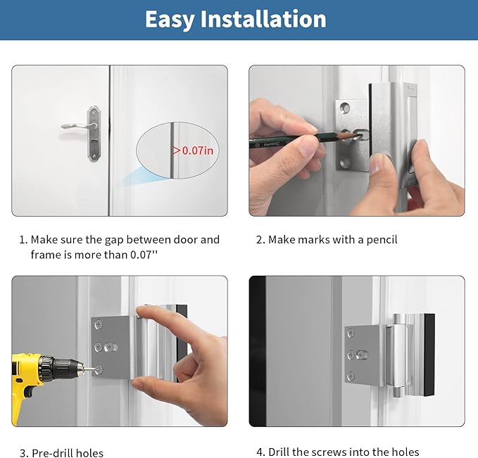 Home Security Door Reinforcement Lock Safety Latch Extra Front Doors Security Devices, Anti Door Kick in Safety Protector for Door Inside, Child Proof Aluminum Locks Silver 1Pack
