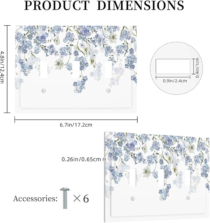 Hydrangea Blue Flowers Watercolor Floral Decorative Switch Plates 3 Gang Wall Plate Triple Toggle Light Switch Cover Faceplate Electrical Wall Panels for Bed Room Living Room Decor