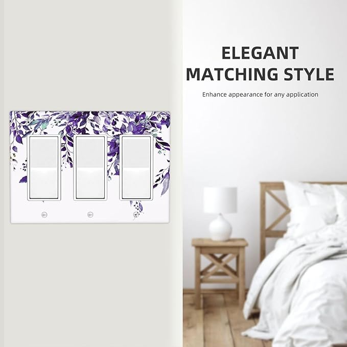 Decorative Outlet Covers Purple Eucalyptus Boho Olive Leaves Country 3 Gang Wall Plate Cover Triple Rocker Decora Light Switch Covers Plate Jumbo Electrical GFCI Switch Plate Cover