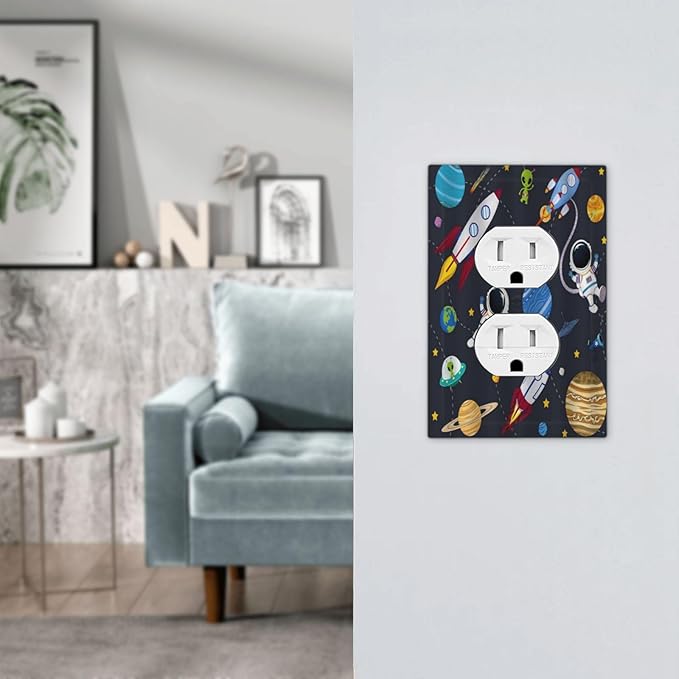 Rocket Planets Astronaut Blue Decorative 1 Gang Single Duplex Light Switch Plate Outlet Cover Decorative Wall Plate Switchplate Electrical Faceplate for Nursery Kidsroom Bedroom Decor