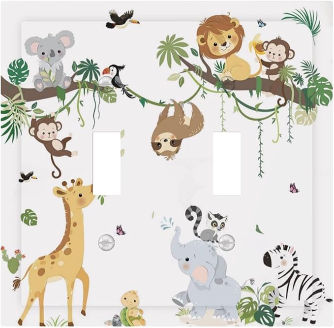 Jungle Animals Tree Branch Monkey Giraffe Lion Elephant Decorative Switch Plates 2 Gang Double Toggle Outlet Light Switch Cover Wall Plate Electrical Faceplate for Kids Room Nursery Decor