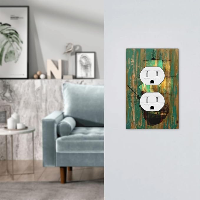 Outlet Covers Rustic Green Wood Grain Sailboat 1 Gang Duplex Light Switch Cover Electrical Receptacle Faceplate Wall Plate Decorative Switch Plates for Farmhouse Bedroom Decor