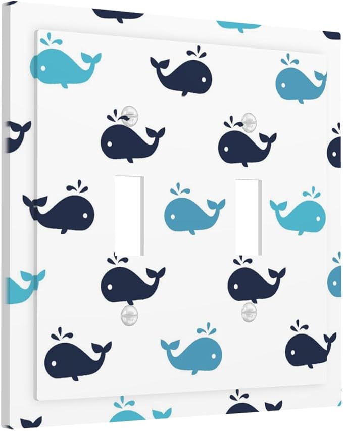 Cute Blue Whales Double Toggle Switch Cover - 2-Gang Standard US Size Nautical Whale Pod Light Switch Covers, Minimalist Coastal for Nursery Decor