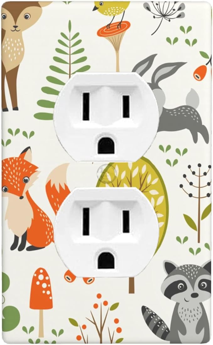 Woodland Forest Animals 1-Gang Duplex Wall Plate, Mushroom Berries Tree Outlet Cover for Kids Room, Nursery, Playroom & Cabin
