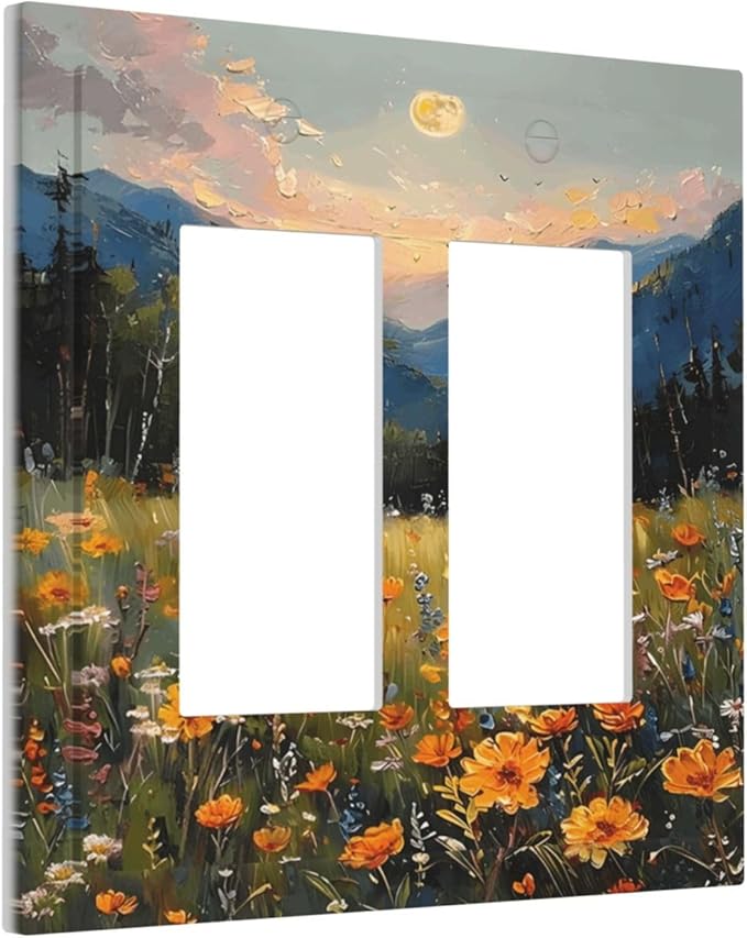 Sunset Wild Flower Field Floral Nature Landscape Decorative Outlet Covers 2 Gang Double GFCI Rocker Electrical Wall Panels Light Switch Cover Plate for Farmhouse Bedroom Decor