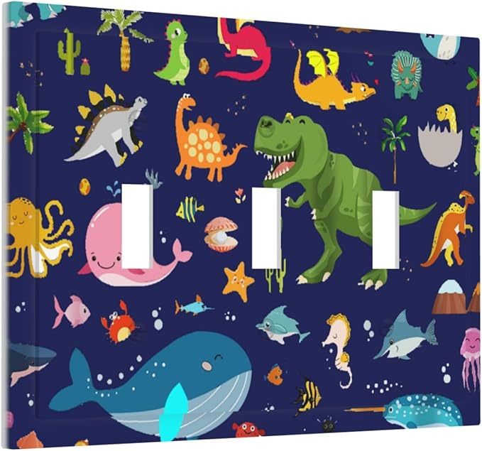 Cartoon Funny Cool Blue/Green Dinosaur 3 Gang Toggle Light Switch Cover, Ocean Dolphin Whale Fish Boy Kid Decorative Three Device Triple Toggle Switch Face Wall Plate Electrical Decorator Outlet Cover