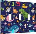 Cartoon Funny Cool Blue/Green Dinosaur 3 Gang Toggle Light Switch Cover, Ocean Dolphin Whale Fish Boy Kid Decorative Three Device Triple Toggle Switch Face Wall Plate Electrical Decorator Outlet Cover