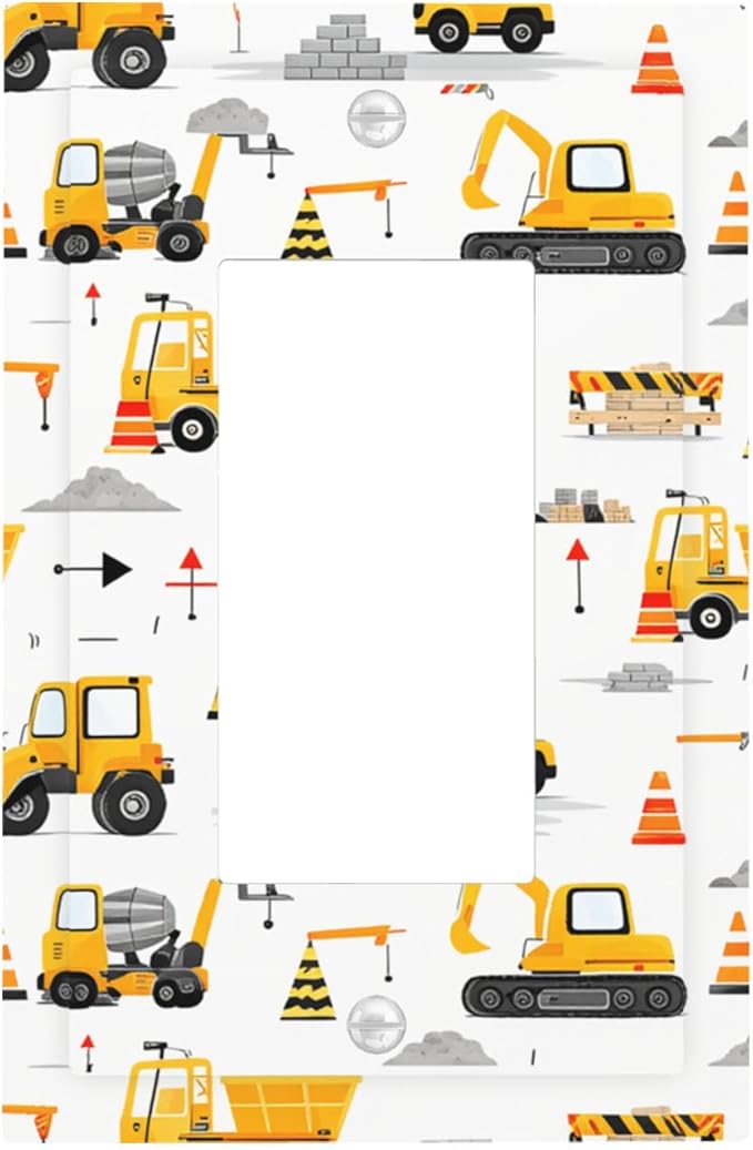 Construction Vehicles & Trucks Pattern Single Rocker Switch Cover - 1-Gang Standard US Size Little Builder's Dream Light Switch Covers for Boy's Bedroom Decor