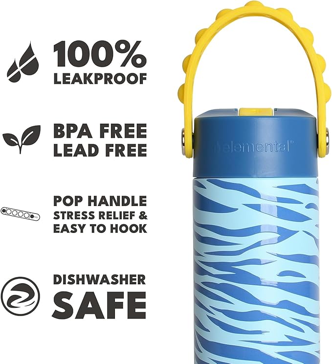 Elemental Insulated Kids Water Bottle, Stainless Steel Water Bottle with Straw Lid & Pop-It Handle, Leak-Proof Water Bottles for School, Boys or Girls, Travelling and Sports, 18oz - Spirit Tiger