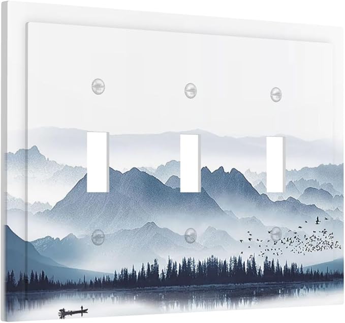 Decorative Switch Plates Mountain Foggy Lake Boat Grey Blue Forest Birds 3 Gang Wall Plate Faceplate Triple Toggle Light Switch Cover Electrical Wall Panels for Bedroom living Room Decor