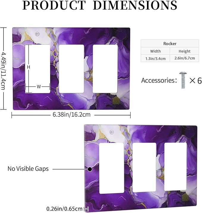 Decorative Outlet Covers Abstract Luxury Purple Gold Marble Textures 3 Gang Wall Plate Triple Rocker Light Switch Cover Plate Jumbo Electrical GFCI Face Plate for Bathroom Kitchen Decor
