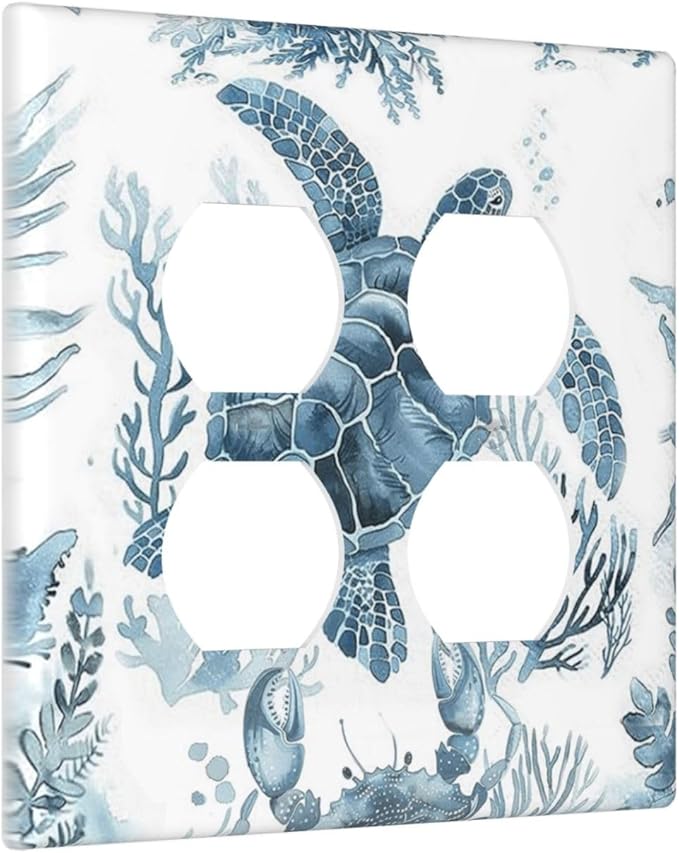 Blue Sea Turtle Coastal Coral Beach Crab Seaweed Outlet Covers 2 Gang Double Duplex Decorative Light Switch Covers Electrical Wallplates Socket Faceplate for Kids Room Bathroom Decor