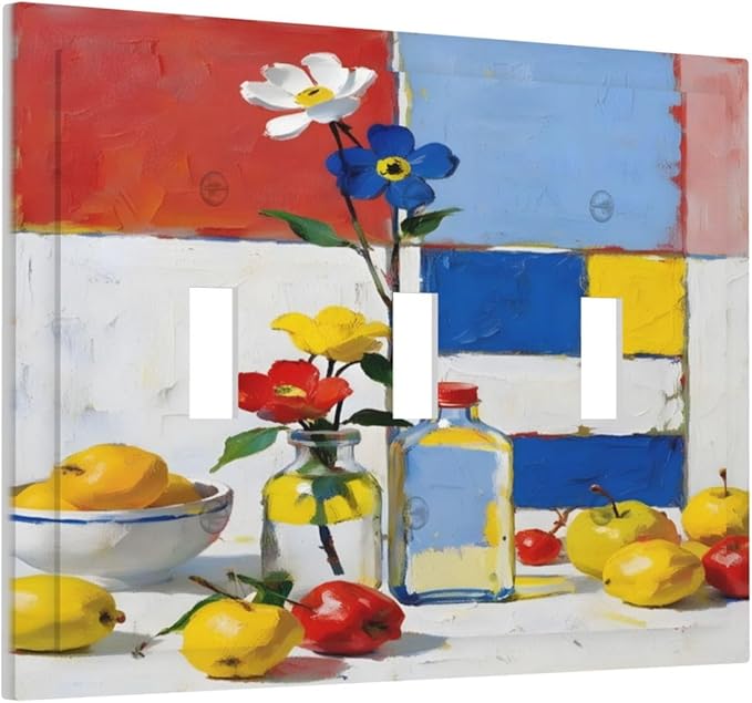 Color Block Floral Still Life Art Red Yellow Blue Abstract Decorative Switch Plates 3 Gang Wall Plate Triple Toggle Light Switch Cover Faceplate Electrical Wall Panels for Farmhouse Bedroom Decor