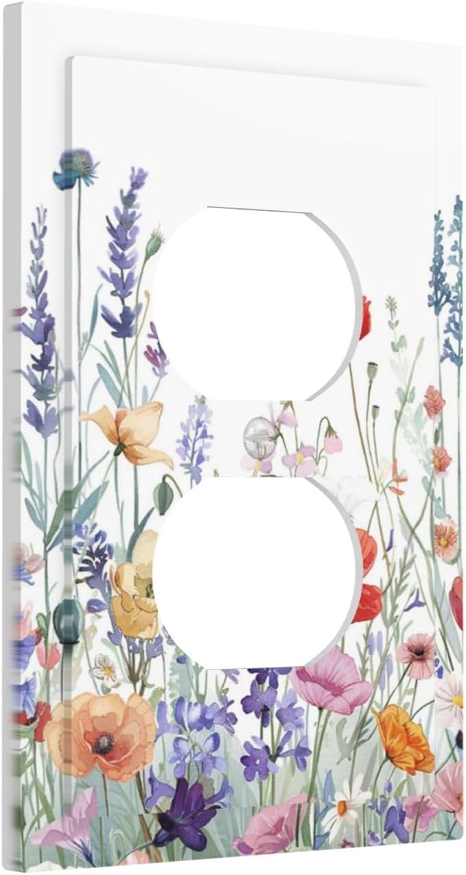 Colorful Floral Purple Lavender Flower Leaves Plants Outlet Covers 1 Gang Duplex Light Switch Cover Decorative Switch Plates Electrical Receptacle Faceplate Wall Plate for Bed Room Living Room Decor